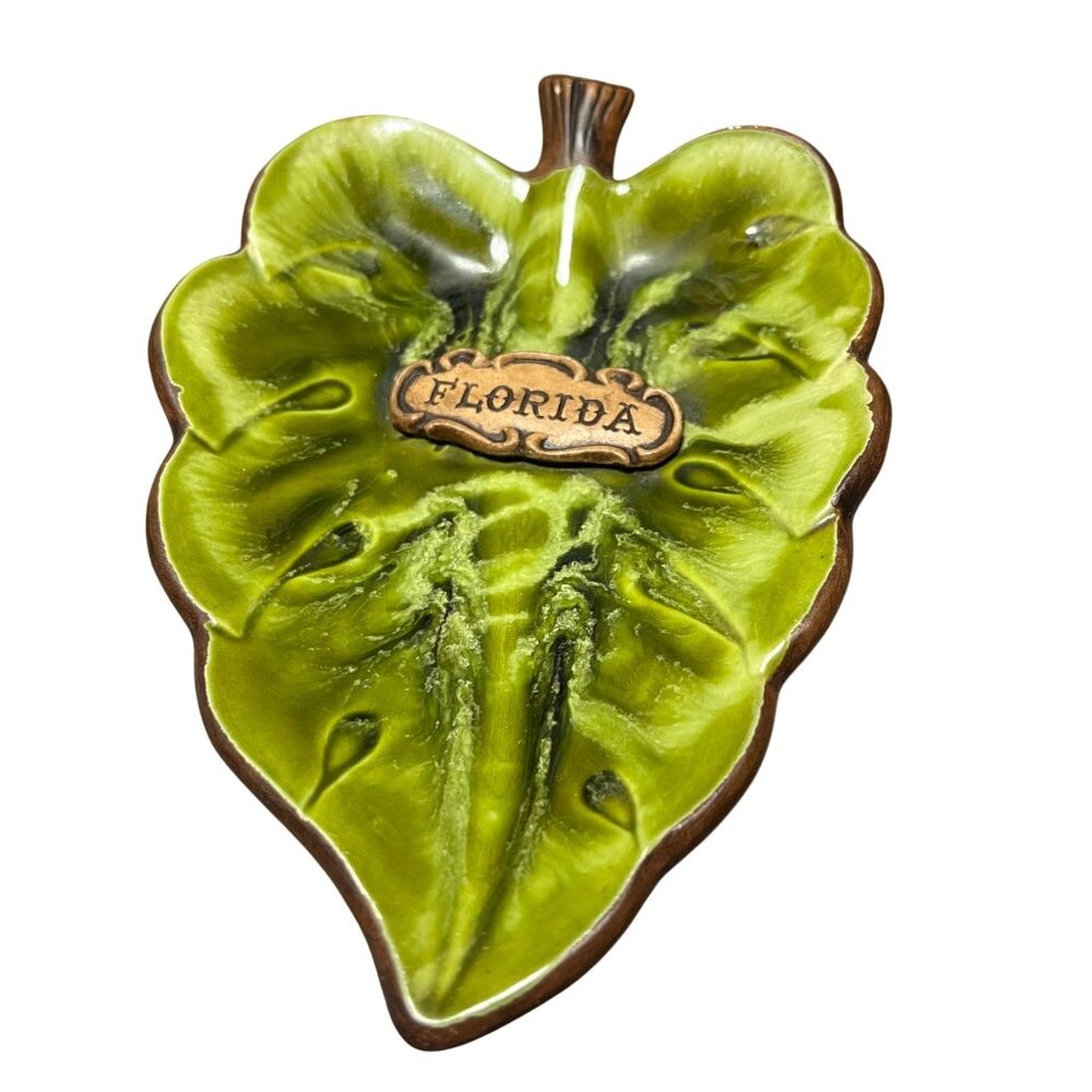 Vintage Treasure Craft Green Leaf Florida‎ Souvenir Candy Trinket Dish